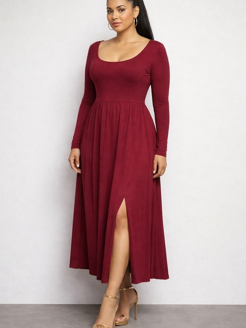 A New Day Burgundy Long Sleeve Midi Dress. Size Large Rayon Spandex Stretch.